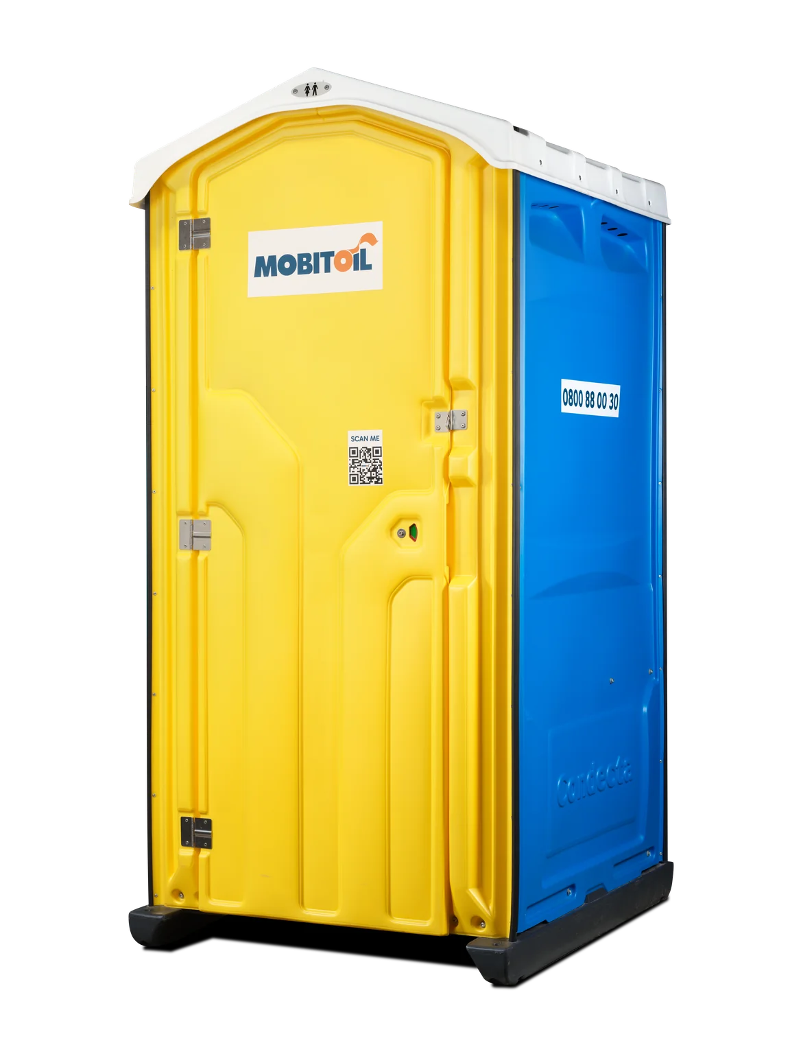 MOBITOIL Basic: mobile Toilettenkabine in Blau und Gelb, Aussenansicht
