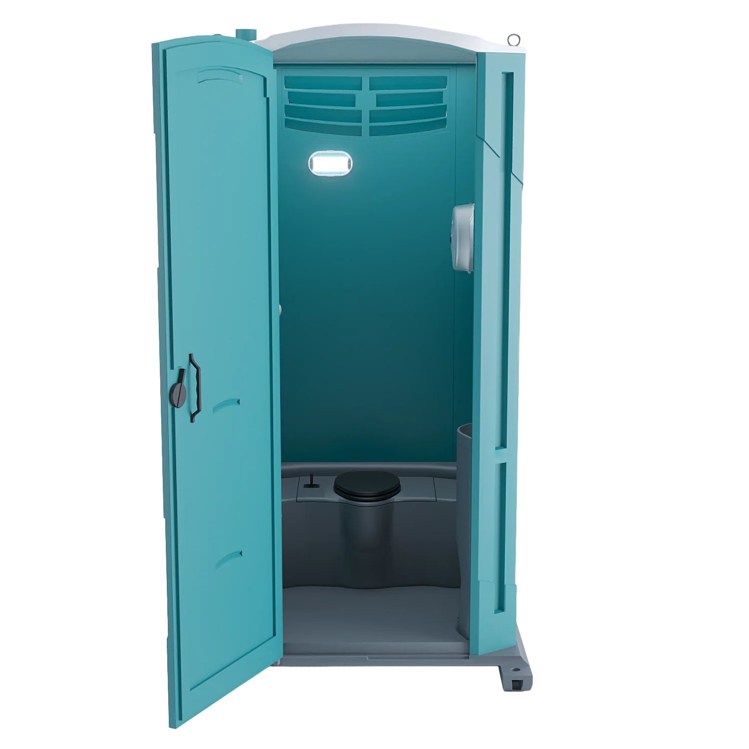 MOBITOIL Comfort: geöffnete Toilettenkabine mit WC und Wasserspülung, Innenansicht
